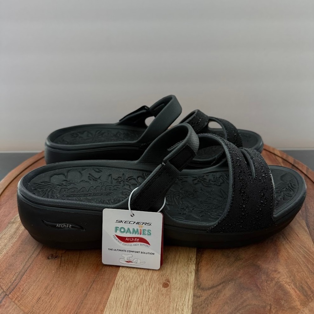 Skechers Foamies Arch Fit Black Womens 10 Rhinestone Strappy Sandals 111241